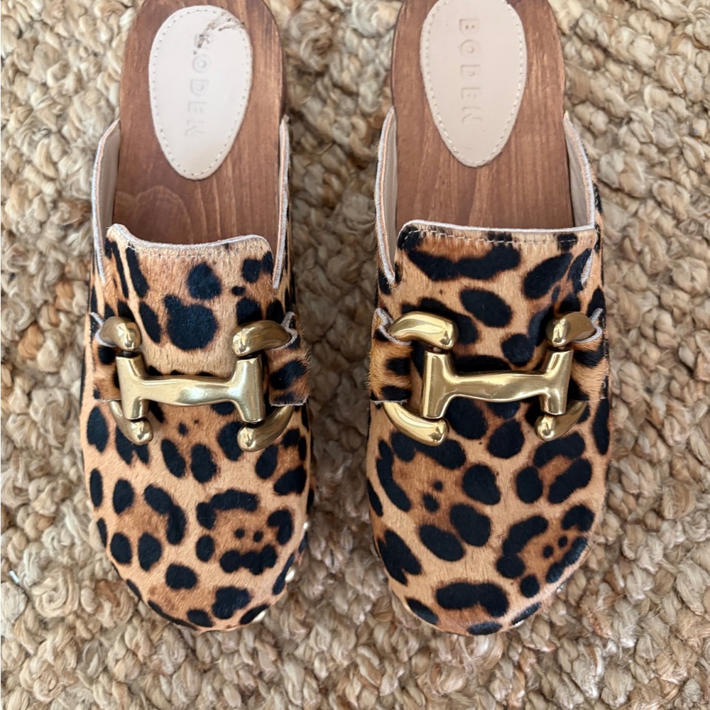 Boden Leopard Print Mules with Gold Accent